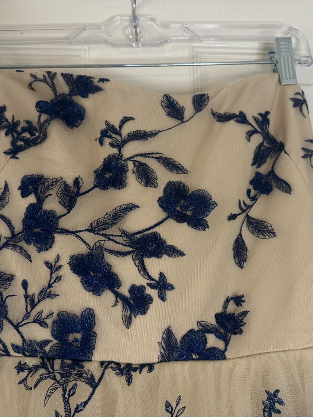 Marchesa NotteStrapless Floral Dress in Cream Tulle with Blue Embroidery - Picture 6 of 10